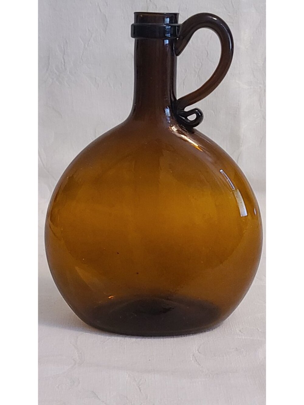 Vintage Amber Glass Flattened Flask Jug Applied Handle 8"
